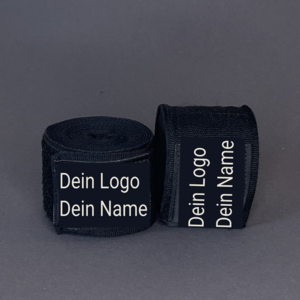 Schwarze Boxbandagen personalisiert mit Logo und Namen Fightwear für Boxen, Kickboxen, Muay Thai und MMA