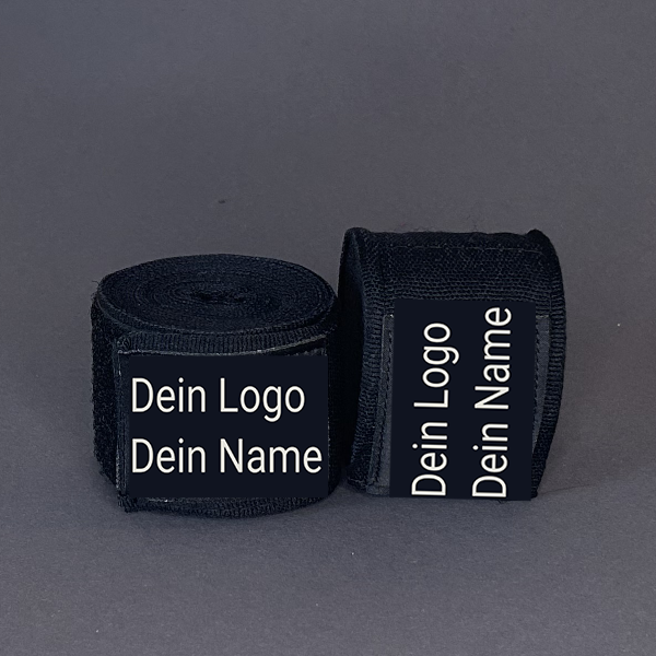Schwarze Boxbandagen personalisiert mit Logo und Namen Fightwear für Boxen, Kickboxen, Muay Thai und MMA