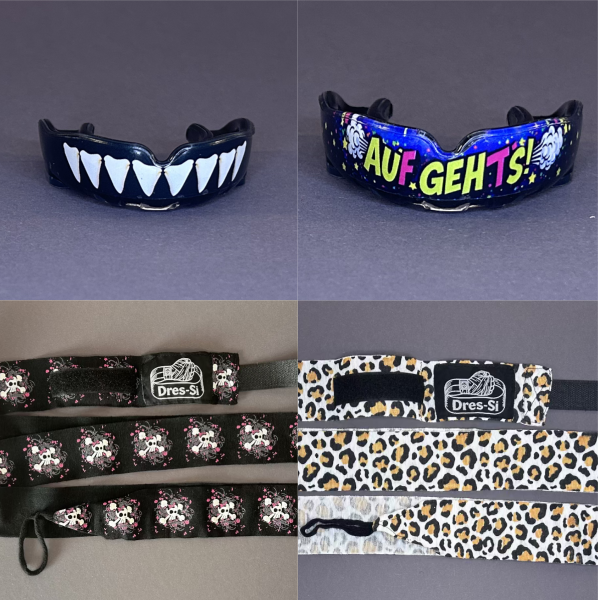 Collage der neu eingetroffenen Produkt, Mundschutz und Fancy Stuff Boxbandagen